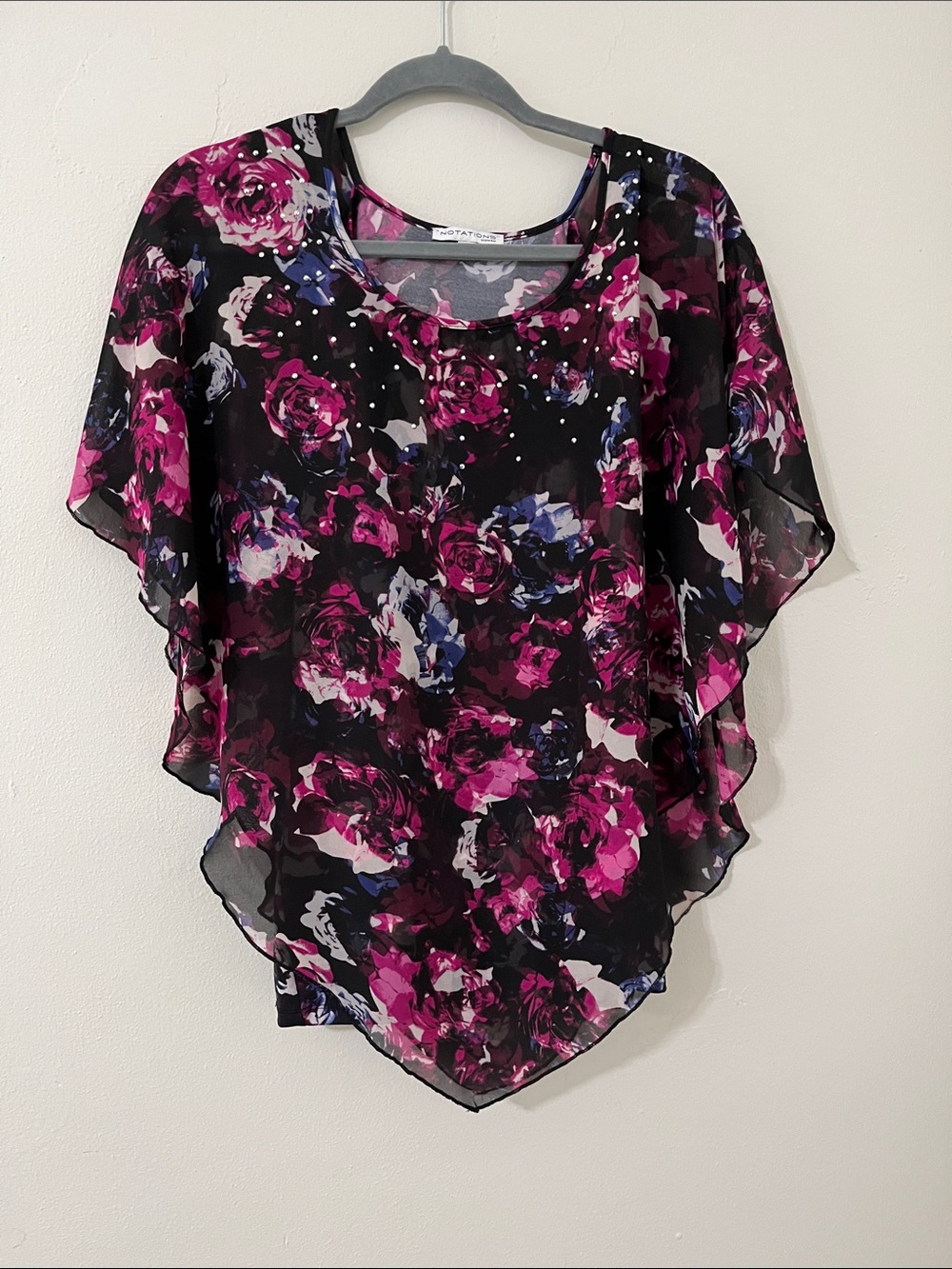 Floral Sheer Overlay Top - Black & Magenta size 2X Notations Woman